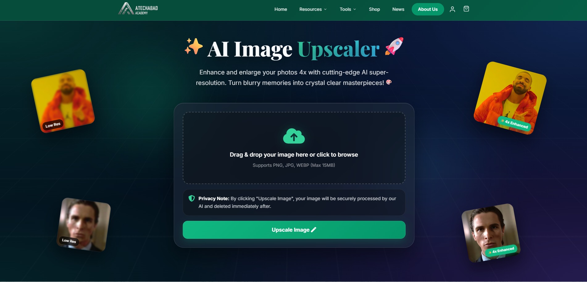 Atechabad AI Image Upscaler tool interface