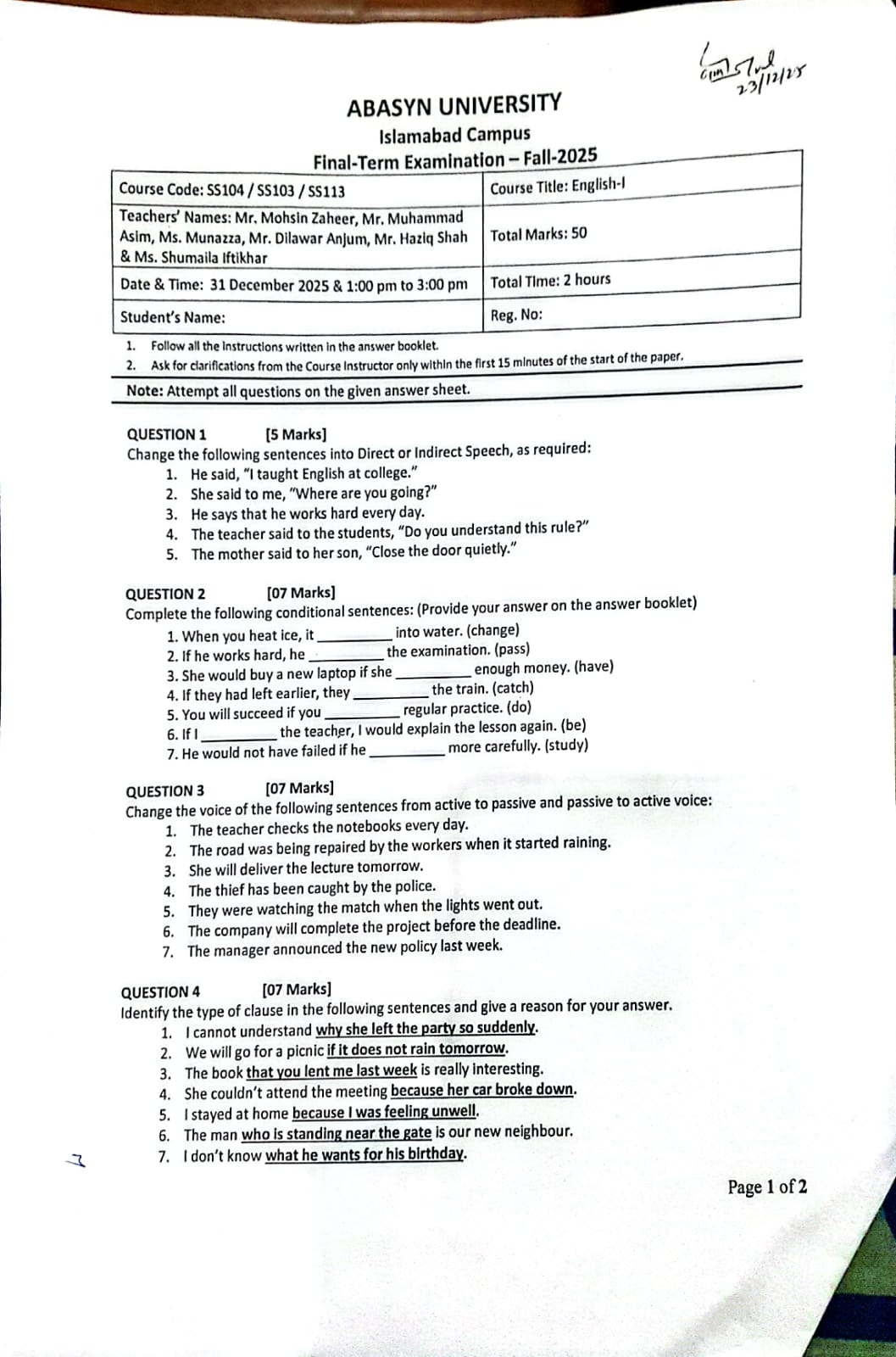 English-1 (SS104/SS103/SS113)