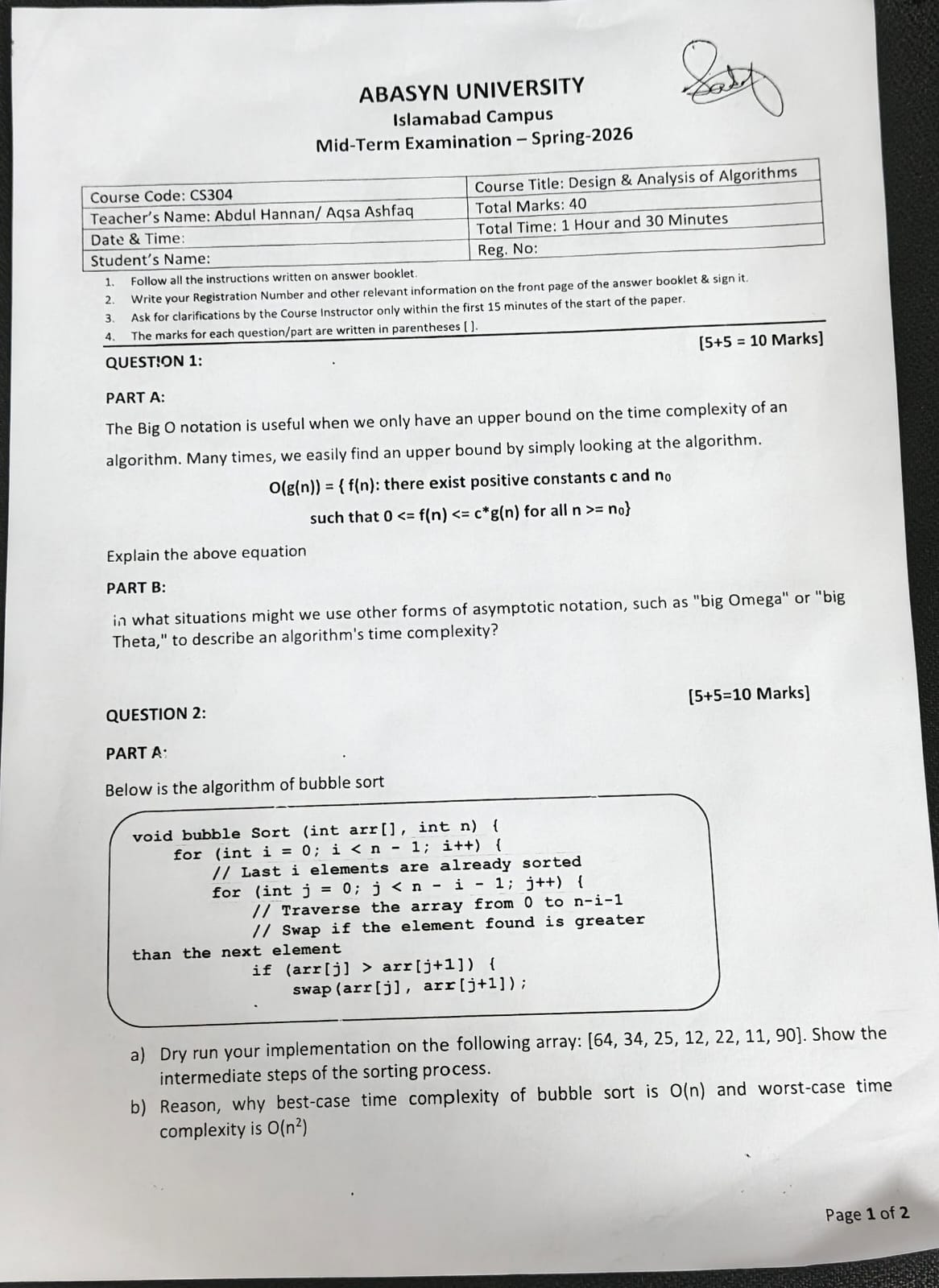 Design & Analysis Of Algorithm AOA CS304